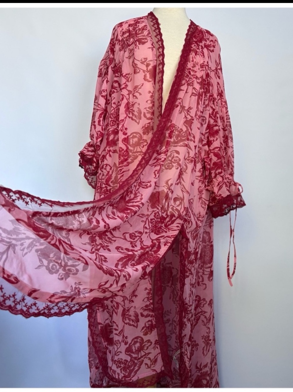 NWT Anthropologie LyreBird Embroidered Lace-Trim Kimono Robe